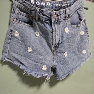 High Waist Blue Denim Shorts with Distressed Hem